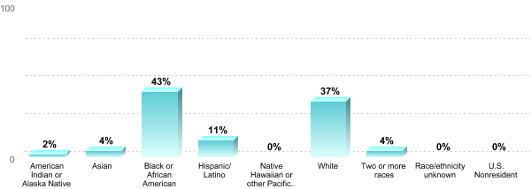 Student Race/ethnicity:American Indian or Alaska Native: 2%Asian: 4%Black or African American: 43%Hispanic/Latino: 11%Native Hawaiian or other Pacific Islander: 0%White: 37%Two or more races: 4%Race/ethnicity unknown: 0%U.S. Nonresident: 0%