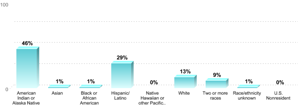 Undergraduate Race/ethnicity:American Indian or Alaska Native: 46%Asian: 1%Black or African American: 1%Hispanic/Latino: 29%Native Hawaiian or other Pacific Islander: 0%White: 13%Two or more races: 9%Race/ethnicity unknown: 1%U.S. Nonresident: 0%