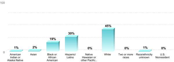 Undergraduate Race/ethnicity:American Indian or Alaska Native: 1%Asian: 2%Black or African American: 19%Hispanic/Latino: 30%Native Hawaiian or other Pacific Islander: 0%White: 45%Two or more races: 0%Race/ethnicity unknown: 1%U.S. Nonresident: 0%