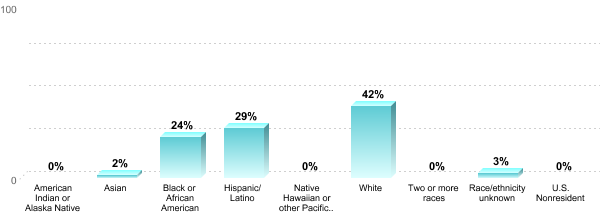 Undergraduate Race/ethnicity:American Indian or Alaska Native: 0%Asian: 2%Black or African American: 24%Hispanic/Latino: 29%Native Hawaiian or other Pacific Islander: 0%White: 42%Two or more races: 0%Race/ethnicity unknown: 3%U.S. Nonresident: 0%