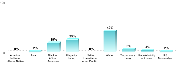 Undergraduate Race/ethnicity:American Indian or Alaska Native: 0%Asian: 2%Black or African American: 19%Hispanic/Latino: 25%Native Hawaiian or other Pacific Islander: 0%White: 42%Two or more races: 6%Race/ethnicity unknown: 4%U.S. Nonresident: 2%