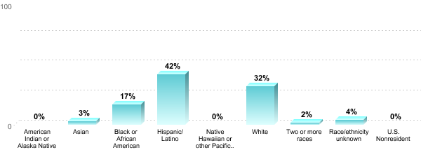 Student Race/ethnicity:American Indian or Alaska Native: 0%Asian: 3%Black or African American: 17%Hispanic/Latino: 42%Native Hawaiian or other Pacific Islander: 0%White: 32%Two or more races: 2%Race/ethnicity unknown: 4%U.S. Nonresident: 0%