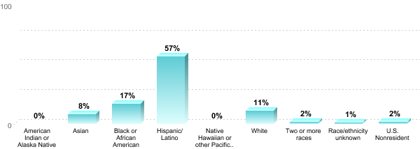 Undergraduate Race/ethnicity:American Indian or Alaska Native: 0%Asian: 8%Black or African American: 17%Hispanic/Latino: 57%Native Hawaiian or other Pacific Islander: 0%White: 11%Two or more races: 2%Race/ethnicity unknown: 1%U.S. Nonresident: 2%