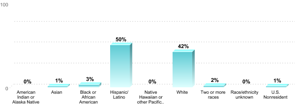 Student Race/ethnicity:American Indian or Alaska Native: 0%Asian: 1%Black or African American: 3%Hispanic/Latino: 50%Native Hawaiian or other Pacific Islander: 0%White: 42%Two or more races: 2%Race/ethnicity unknown: 0%U.S. Nonresident: 1%