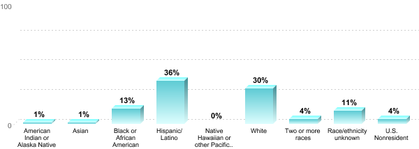 Student Race/ethnicity:American Indian or Alaska Native: 1%Asian: 1%Black or African American: 13%Hispanic/Latino: 36%Native Hawaiian or other Pacific Islander: 0%White: 30%Two or more races: 4%Race/ethnicity unknown: 11%U.S. Nonresident: 4%