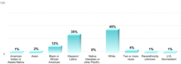 Student Race/ethnicity:American Indian or Alaska Native: 1%Asian: 2%Black or African American: 12%Hispanic/Latino: 35%Native Hawaiian or other Pacific Islander: 0%White: 45%Two or more races: 4%Race/ethnicity unknown: 1%U.S. Nonresident: 1%