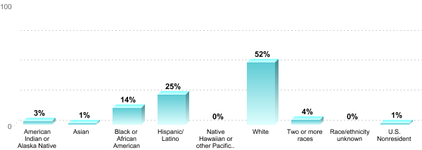 Undergraduate Race/ethnicity:American Indian or Alaska Native: 3%Asian: 1%Black or African American: 14%Hispanic/Latino: 25%Native Hawaiian or other Pacific Islander: 0%White: 52%Two or more races: 4%Race/ethnicity unknown: 0%U.S. Nonresident: 1%