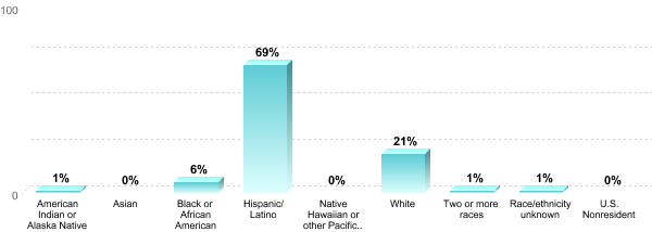 Undergraduate Race/ethnicity:American Indian or Alaska Native: 1%Asian: 0%Black or African American: 6%Hispanic/Latino: 69%Native Hawaiian or other Pacific Islander: 0%White: 21%Two or more races: 1%Race/ethnicity unknown: 1%U.S. Nonresident: 0%