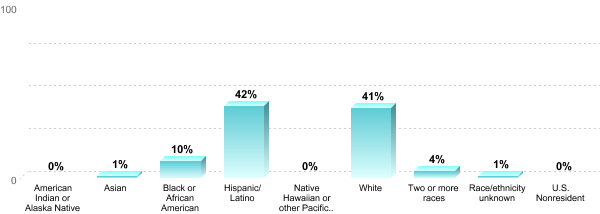 Undergraduate Race/ethnicity:American Indian or Alaska Native: 0%Asian: 1%Black or African American: 10%Hispanic/Latino: 42%Native Hawaiian or other Pacific Islander: 0%White: 41%Two or more races: 4%Race/ethnicity unknown: 1%U.S. Nonresident: 0%