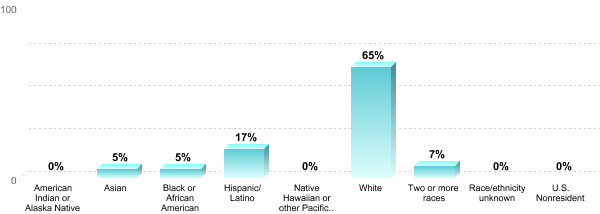 Student Race/ethnicity:American Indian or Alaska Native: 0%Asian: 5%Black or African American: 5%Hispanic/Latino: 17%Native Hawaiian or other Pacific Islander: 0%White: 65%Two or more races: 7%Race/ethnicity unknown: 0%U.S. Nonresident: 0%