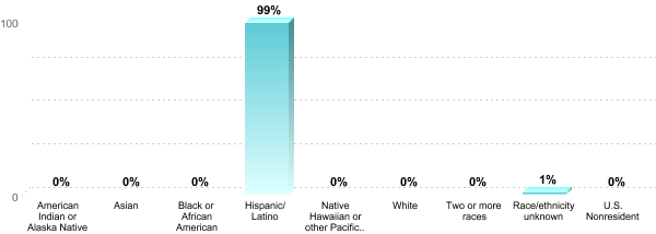Undergraduate Race/ethnicity:American Indian or Alaska Native: 0%Asian: 0%Black or African American: 0%Hispanic/Latino: 99%Native Hawaiian or other Pacific Islander: 0%White: 0%Two or more races: 0%Race/ethnicity unknown: 1%U.S. Nonresident: 0%