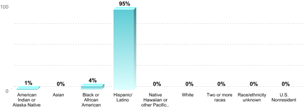 Student Race/ethnicity:American Indian or Alaska Native: 1%Asian: 0%Black or African American: 4%Hispanic/Latino: 95%Native Hawaiian or other Pacific Islander: 0%White: 0%Two or more races: 0%Race/ethnicity unknown: 0%U.S. Nonresident: 0%