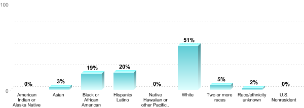 Student Race/ethnicity:American Indian or Alaska Native: 0%Asian: 3%Black or African American: 19%Hispanic/Latino: 20%Native Hawaiian or other Pacific Islander: 0%White: 51%Two or more races: 5%Race/ethnicity unknown: 2%U.S. Nonresident: 0%