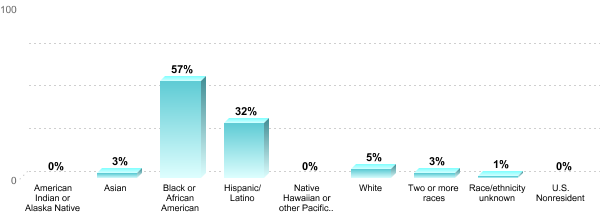 Student Race/ethnicity:American Indian or Alaska Native: 0%Asian: 3%Black or African American: 57%Hispanic/Latino: 32%Native Hawaiian or other Pacific Islander: 0%White: 5%Two or more races: 3%Race/ethnicity unknown: 1%U.S. Nonresident: 0%