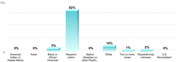 Student Race/ethnicity:American Indian or Alaska Native: 0%Asian: 0%Black or African American: 5%Hispanic/Latino: 82%Native Hawaiian or other Pacific Islander: 0%White: 10%Two or more races: 1%Race/ethnicity unknown: 2%U.S. Nonresident: 0%