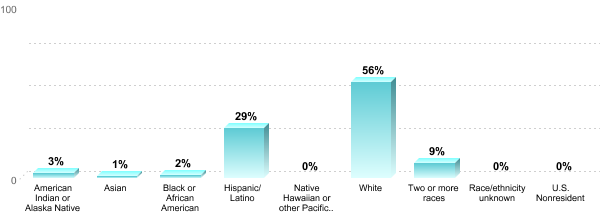 Student Race/ethnicity:American Indian or Alaska Native: 3%Asian: 1%Black or African American: 2%Hispanic/Latino: 29%Native Hawaiian or other Pacific Islander: 0%White: 56%Two or more races: 9%Race/ethnicity unknown: 0%U.S. Nonresident: 0%