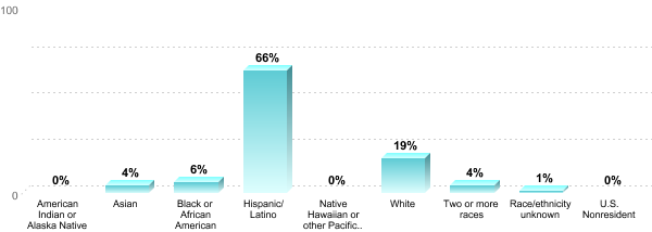 Student Race/ethnicity:American Indian or Alaska Native: 0%Asian: 4%Black or African American: 6%Hispanic/Latino: 66%Native Hawaiian or other Pacific Islander: 0%White: 19%Two or more races: 4%Race/ethnicity unknown: 1%U.S. Nonresident: 0%