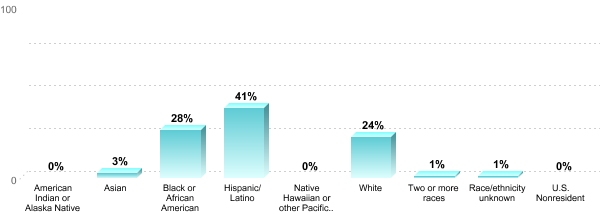 Student Race/ethnicity:American Indian or Alaska Native: 0%Asian: 3%Black or African American: 28%Hispanic/Latino: 41%Native Hawaiian or other Pacific Islander: 0%White: 24%Two or more races: 1%Race/ethnicity unknown: 1%U.S. Nonresident: 0%