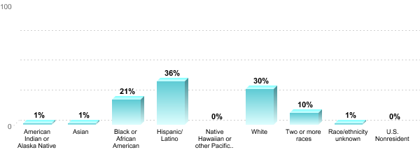 Student Race/ethnicity:American Indian or Alaska Native: 1%Asian: 1%Black or African American: 21%Hispanic/Latino: 36%Native Hawaiian or other Pacific Islander: 0%White: 30%Two or more races: 10%Race/ethnicity unknown: 1%U.S. Nonresident: 0%