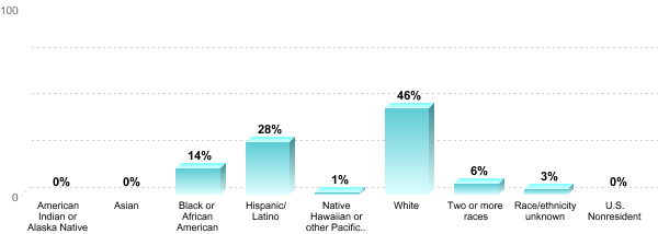 Student Race/ethnicity:American Indian or Alaska Native: 0%Asian: 0%Black or African American: 14%Hispanic/Latino: 28%Native Hawaiian or other Pacific Islander: 1%White: 46%Two or more races: 6%Race/ethnicity unknown: 3%U.S. Nonresident: 0%