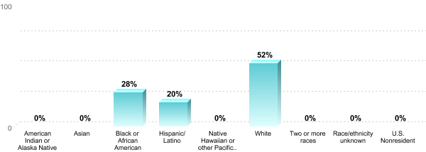 Student Race/ethnicity:American Indian or Alaska Native: 0%Asian: 0%Black or African American: 28%Hispanic/Latino: 20%Native Hawaiian or other Pacific Islander: 0%White: 52%Two or more races: 0%Race/ethnicity unknown: 0%U.S. Nonresident: 0%