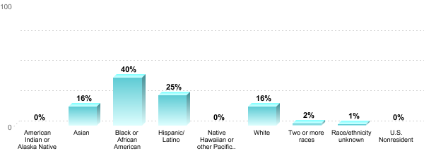Student Race/ethnicity:American Indian or Alaska Native: 0%Asian: 16%Black or African American: 40%Hispanic/Latino: 25%Native Hawaiian or other Pacific Islander: 0%White: 16%Two or more races: 2%Race/ethnicity unknown: 1%U.S. Nonresident: 0%