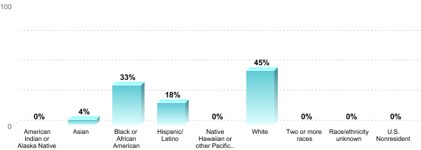Student Race/ethnicity:American Indian or Alaska Native: 0%Asian: 4%Black or African American: 33%Hispanic/Latino: 18%Native Hawaiian or other Pacific Islander: 0%White: 45%Two or more races: 0%Race/ethnicity unknown: 0%U.S. Nonresident: 0%