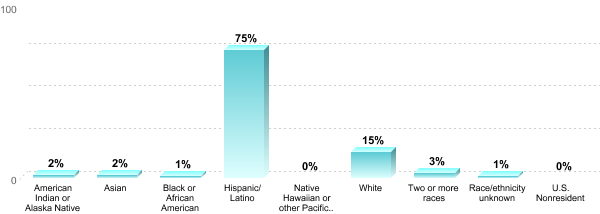 Student Race/ethnicity:American Indian or Alaska Native: 2%Asian: 2%Black or African American: 1%Hispanic/Latino: 75%Native Hawaiian or other Pacific Islander: 0%White: 15%Two or more races: 3%Race/ethnicity unknown: 1%U.S. Nonresident: 0%